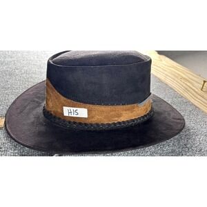 Vintage Two Tone Faux Suede Outback Fedora Hat Black Tan Braided Band Chin Strap